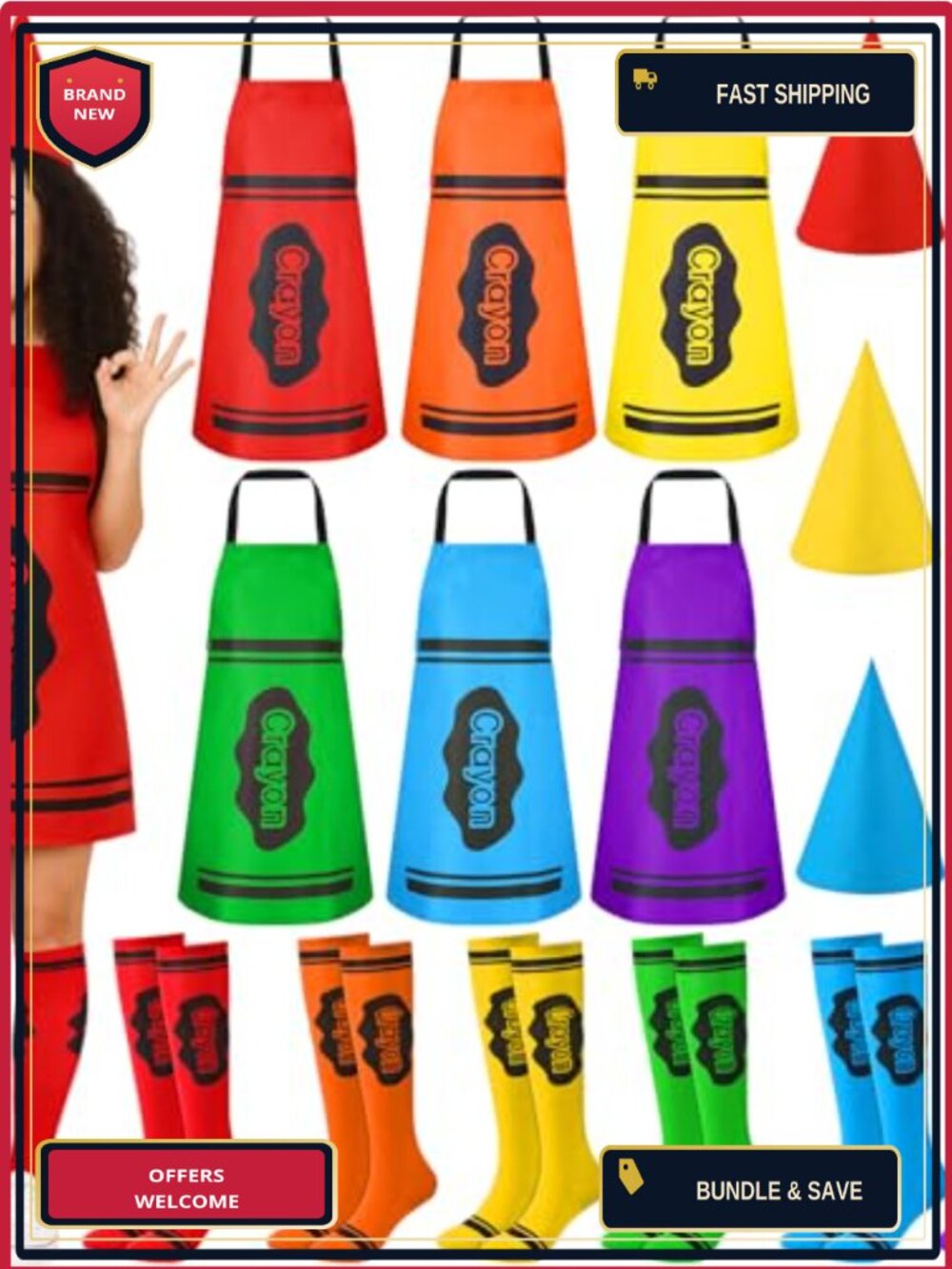 6 Pc Crayon Apron Costume Set Adult Group Halloween Party Dress Up
